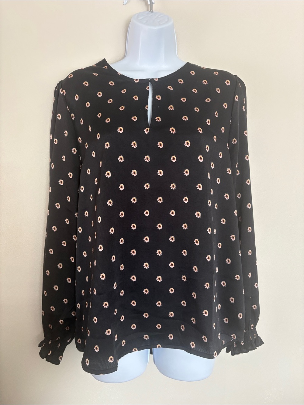 Ted Baker Black Floral Keyhole Blouse with Pink Accents